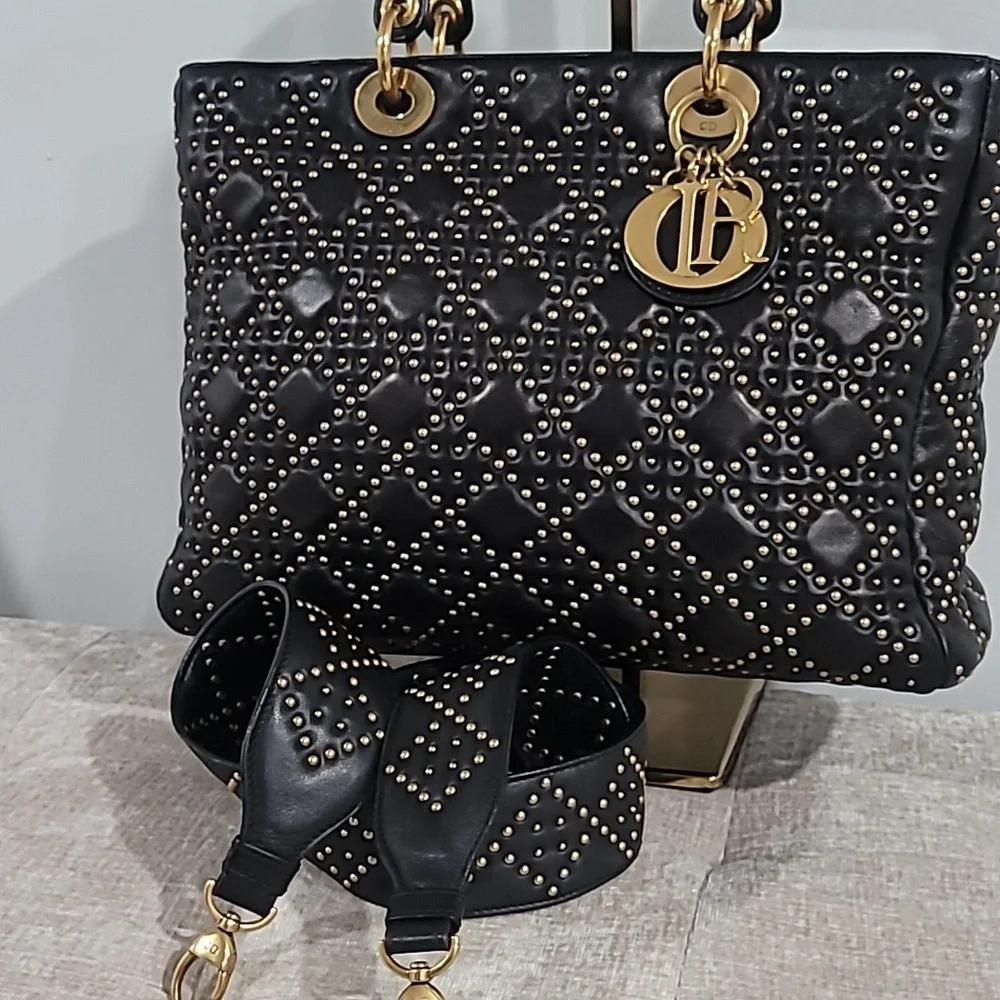 Christain Dior Lady Dior Black Studded Tote Handbag - Picture 2 of 16